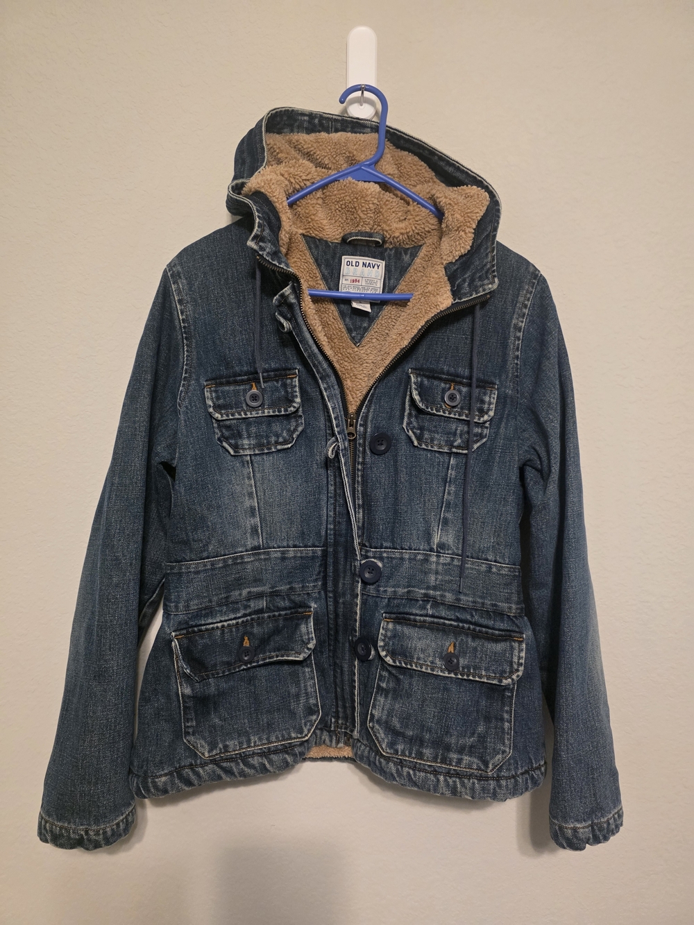 Old Navy Girls Blue Denim Jacket with Tan Sherpa Hood